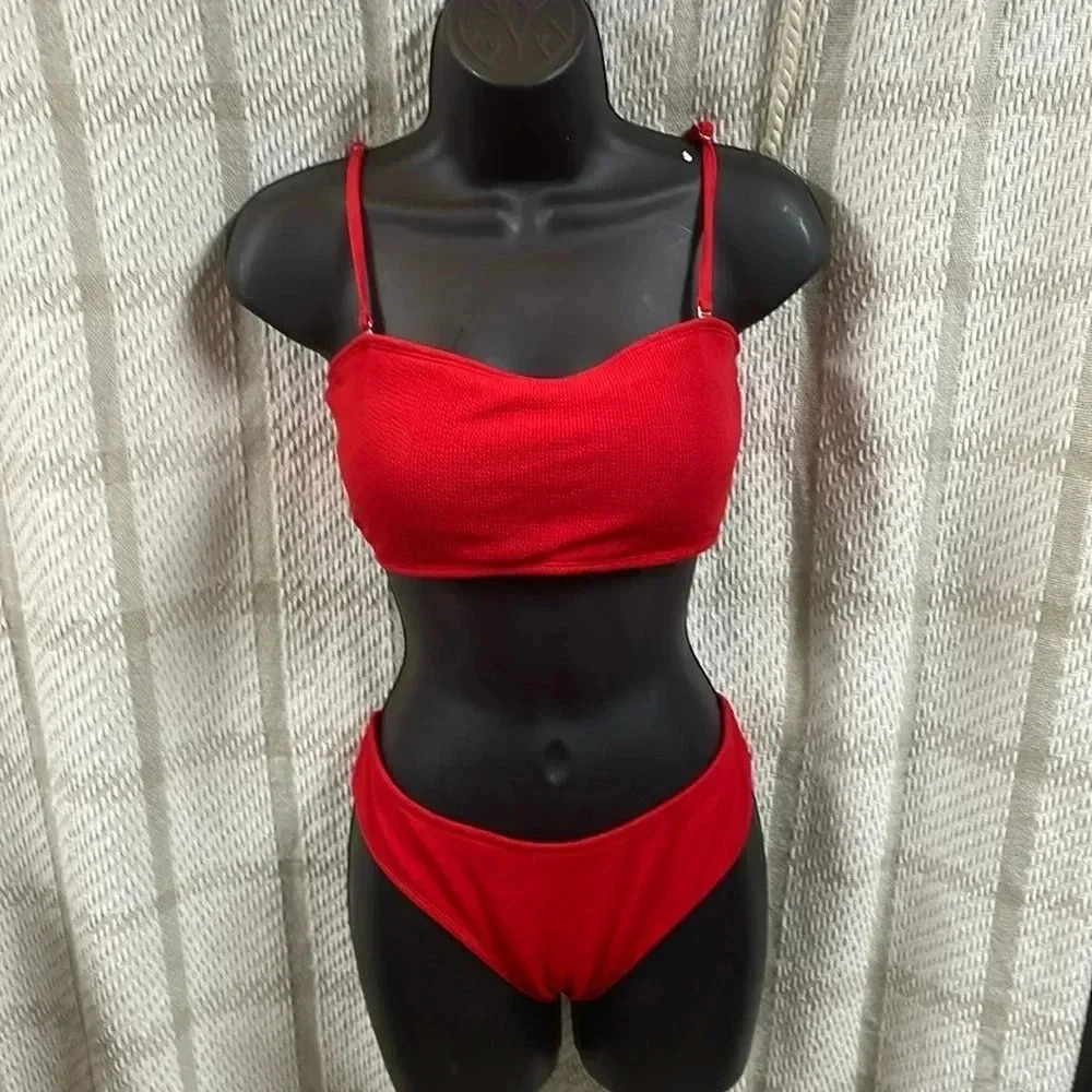 ZAFUL Women Strapless Bikini Lace Up Ribbed High Cut Bandeau 2 Piece Swimsuit - Picture 2 of 10
